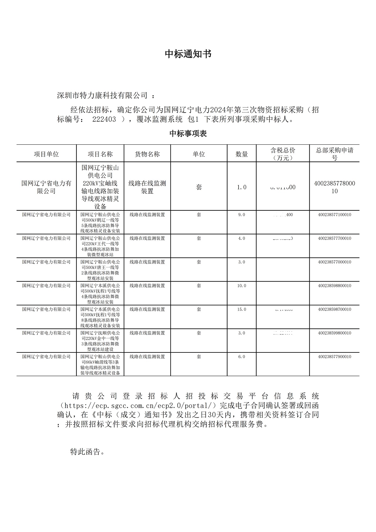 深圳市特力康科技有限公司中标国网辽宁电力 2024 年覆冰监测系统采购项目