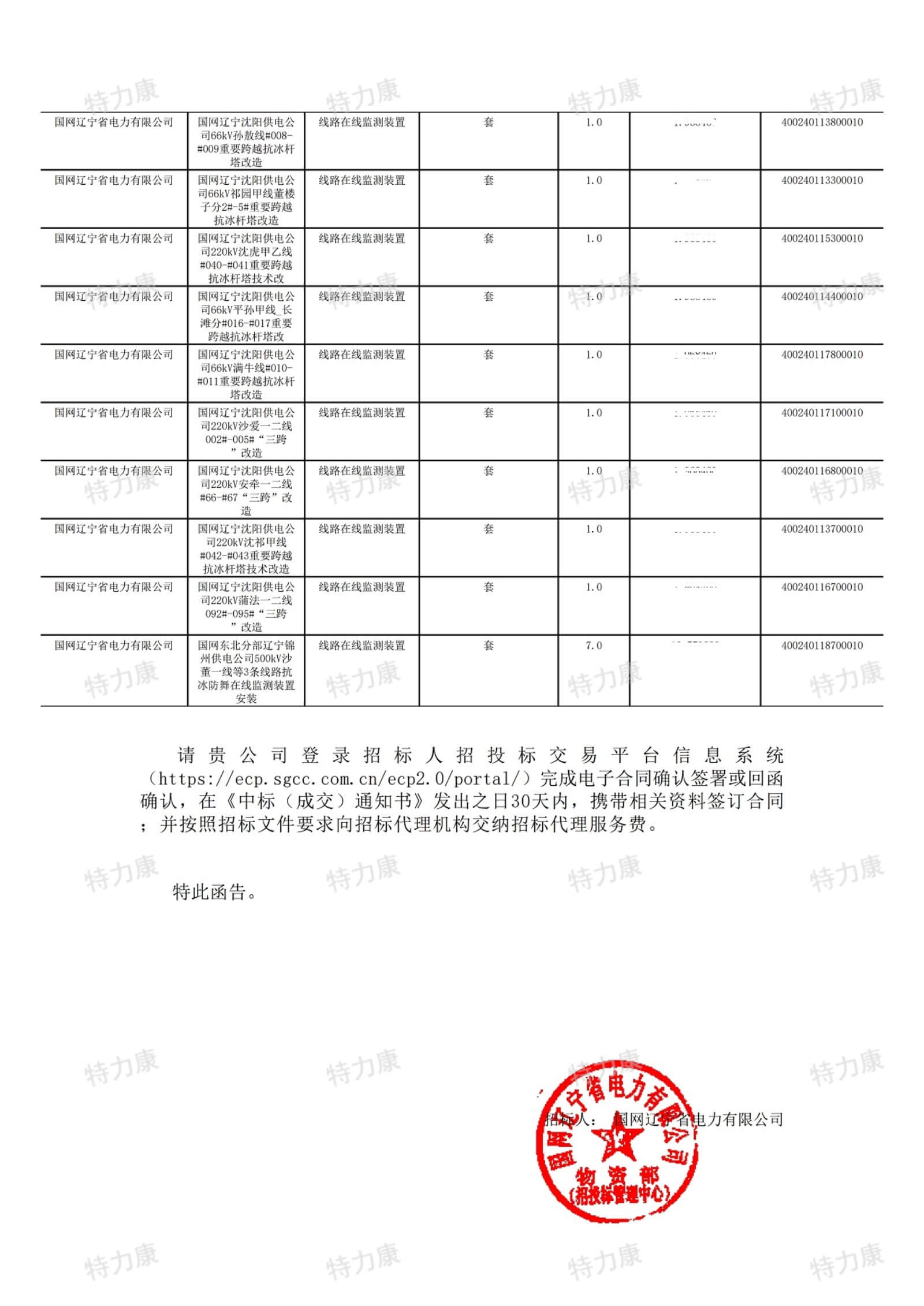 深圳市特力康科技有限公司中标国网辽宁电力线路在线监测装置采购项目