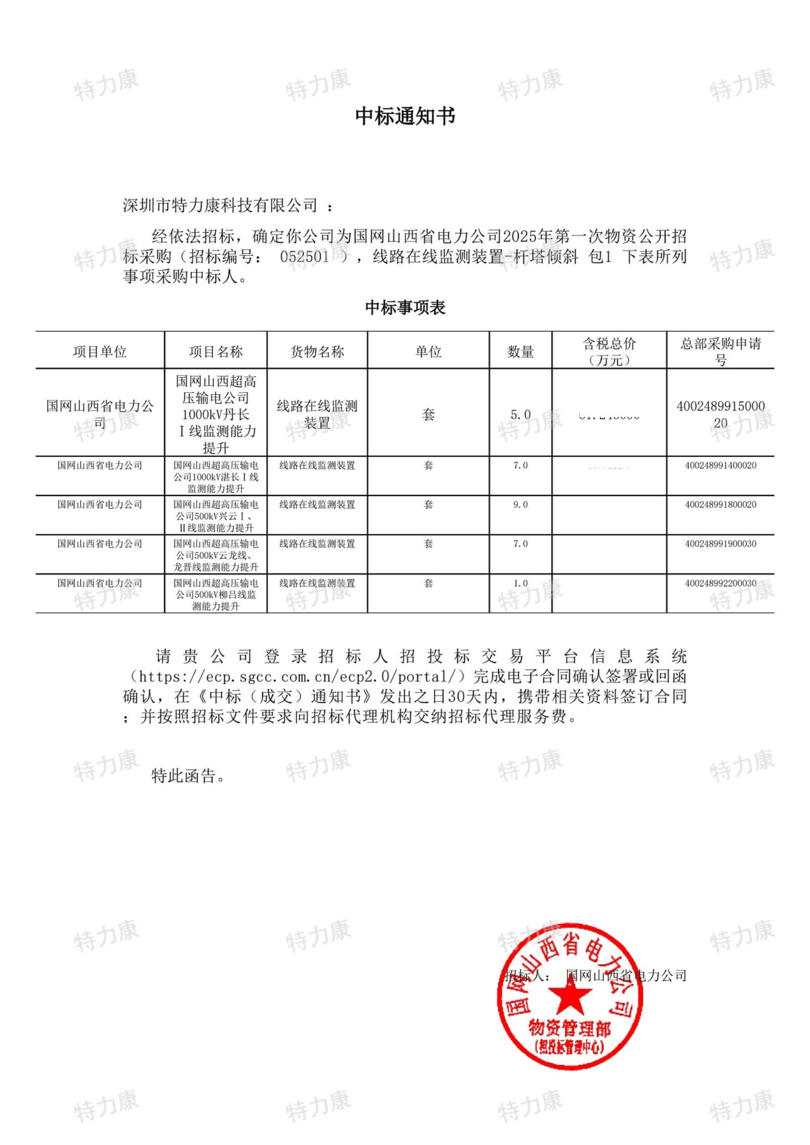 深圳市特力康科技有限公司中标国网山西电力超高压线路在线监测装置采购项目